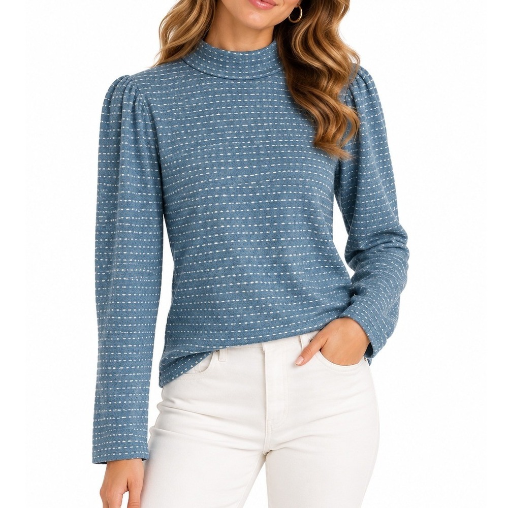 Madewell Blue Dotted Stripe Mock Neck Puff Sleeve Textured Knit Top M